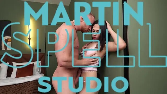 Skinny Asian beauty rides rod in living room