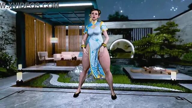 Thick enticing Chun Li poses solo in a revealing dress without panties