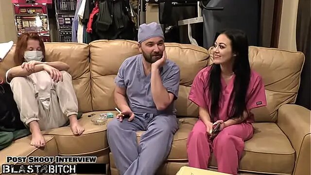 Black-haired nurse with nipple piercings receives her pussy filled with cum