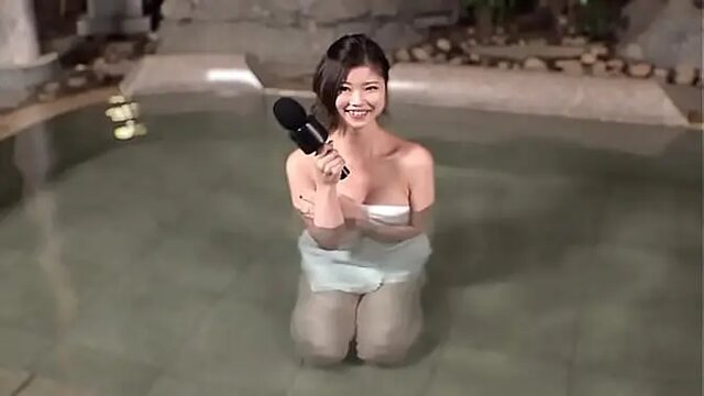 Busty Asian announcer caught on camera having sex in hot springs and changing room