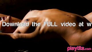 Petite Asian tanned MILF shows juicy tits and hairy pussy outdoor