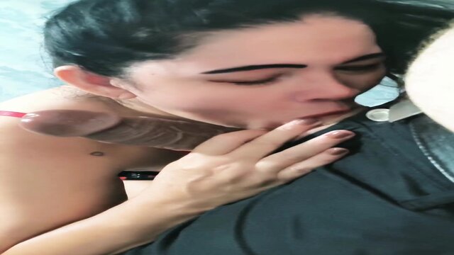 Asian GF gives double blowjobs to two rigid cocks